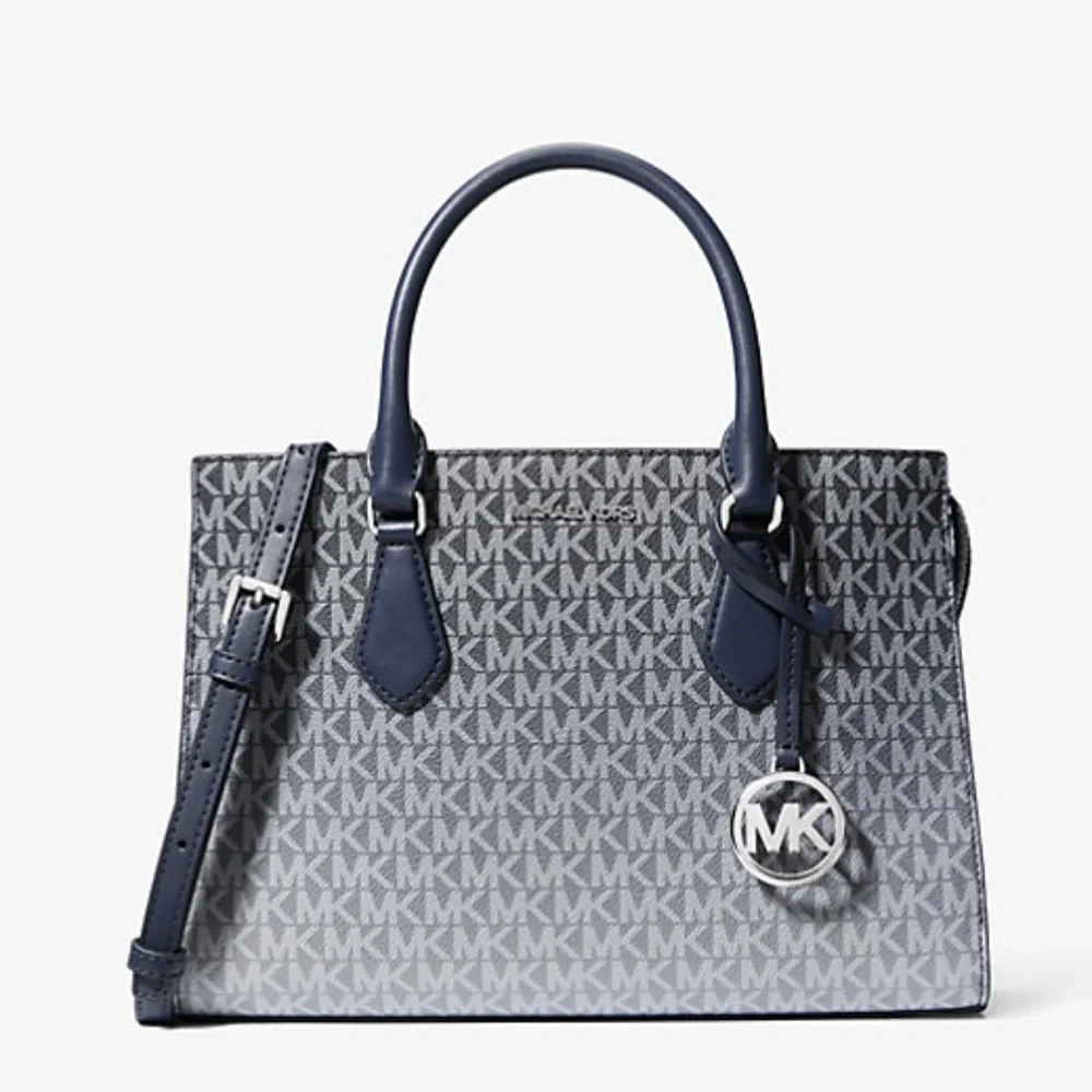 MICHAEL KORS Sheila Medium Ombré Signature Logo CZ Satchel Crossbody Navy NWT